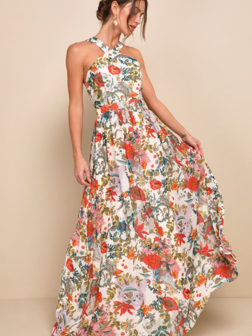 Like New | Lulus | Size L | Lilja Cream Floral Print Maxi Dress - Picture 1 of 7